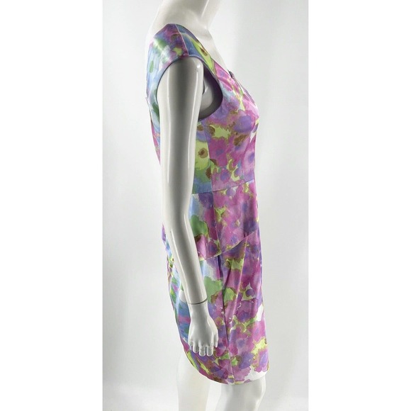 London Times Peplum Sheath Dress Size 10 Purple Green Watercolor Cap Sleeve - Picture 3 of 6